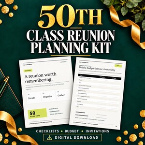 May include: A 50th class reunion planning kit featuring two printed pages with text including A reunion worth remembering and Build a budget that survives reality. The kit includes checklists, worksheets, and event day tools for organisers.