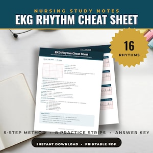 Puede incluir: Una guía de estudio de enfermería titulada EKG Rhythm Cheat Sheet que presenta un enfoque de 5 pasos, intervalos normales e instrucciones de colocación de 12 derivaciones, con un diagrama de cuadrícula, 16 ejemplos y una estrella dorada.