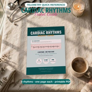 Peut inclure: Une fiche de référence Cardiac Rhythms Pocket Guide présentant la méthode des 6 secondes, une illustration de tracé ECG et du texte détaillant 8 rythmes. La fiche est bleu sarcelle et gris clair avec du texte sombre.