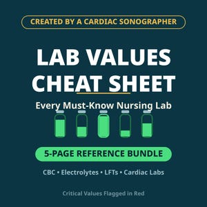 以下が含まれることがあります： ダークティール色の教育用リファレンスカード。タイトルは「Lab Values Cheat Sheet: Every Must-Know Nursing Lab」。5つの緑色のバイアルアイコン、5-page reference bundleというラベル、CBC、Electrolytes、LFTs、Cardiac Labsと記載されたテキストが含まれています。