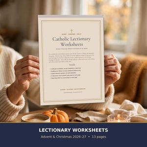May include: A printed document titled Catholic Lectionary Worksheets for Advent and Christmas 2026-27. The page features a cross icon, descriptive text about reflection worksheets, and a list of contents including 13 pages and US Letter size.