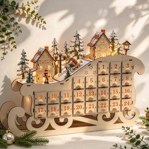 May include: A wooden advent calendar shaped like a sleigh, featuring twenty-four small drawers numbered one through twenty-four. The top displays a miniature winter village scene with illuminated houses, snow-dusted pine trees, and a figure on a sled.