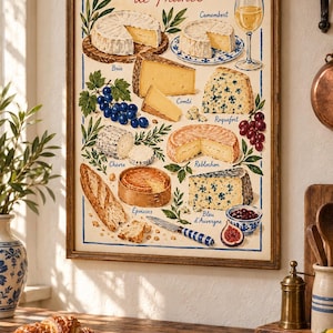 Könnte beinhalten: Ein gerahmter Kunstdruck mit dem Titel LES FROMAGES de France, der verschiedene französische Käsesorten wie Brie, Camembert, Comté, Roquefort, Chèvre, Reblochon, Époisses und Bleu d'Auvergne sowie Trauben, ein Baguette und ein Weinglas zeigt.
