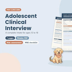 Könnte beinhalten: Ein siebenseitiges, ausfüllbares PDF-Formular für ein klinisches Interview mit Jugendlichen im Alter von 12 bis 18 Jahren. Es enthält eine Risikobewertung und eine MSE-Checkliste sowie Illustrationen eines Golden Retriever- und eines Schäferhundwelpen.