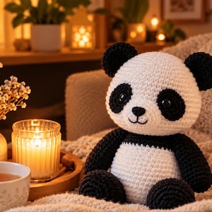 May include: A handcrafted crochet panda plush toy featuring a white body and head with black ears, eye patches, arms, and legs. The panda has round black plastic eyes and a stitched black nose and mouth, sitting upright with a textured yarn finish.