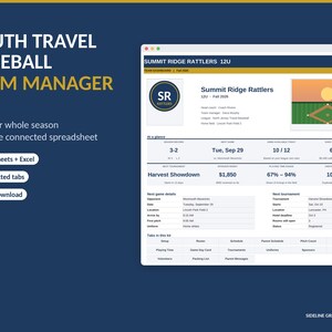 Könnte beinhalten: Ein digitales Baseball-Team-Manager-Kit für Google Sheets und Excel. Die Benutzeroberfläche zeigt das Dashboard der Summit Ridge Rattlers 12U mit Teamstatistiken, Spieldetails, Turnierinformationen und 16 verbundenen Reitern zur Saisonplanung.
