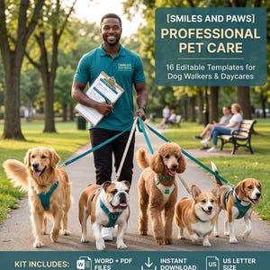 Walker & Pet Daycare Kit | 16 redigerbara affärsmallar | Kontrakt, blanketter, faktura