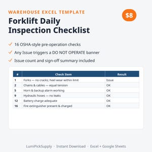 Forklift Daily Inspection Checklist Excel, Forklift Safety Inspection Form, Pre Operation Checklist Template OSHA Style