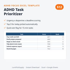 May include: An ADHD Focus Excel template titled ADHD Task Prioritizer. It features orange checkmarks for urgency, dopamine, and deadline scoring, automatic top 3 task selection, and a quick-win flag. A table displays tasks, scores, and ranks.