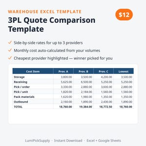 May include: A digital warehouse Excel template for 3PL quote comparison. The document features a table comparing costs for three providers across categories like storage, receiving, and outbound, with an auto-calculated lowest cost column.