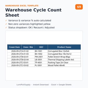 May include: A Warehouse Cycle Count Sheet Excel template featuring a table with columns for Count Date, Zone/Bin, SKU, and Product Name. The document includes features for auto-calculating variance, highlighting non-zero variances in yellow, and a status dropdown menu with options for OK, Recount, and Adjusted.