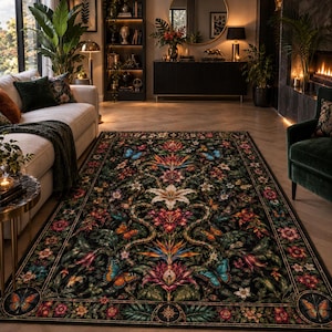 May include: A rectangular area rug featuring a dark black background with a vibrant, symmetrical botanical pattern. The design includes colourful flowers, green foliage, and various butterflies in shades of orange, blue, and yellow.