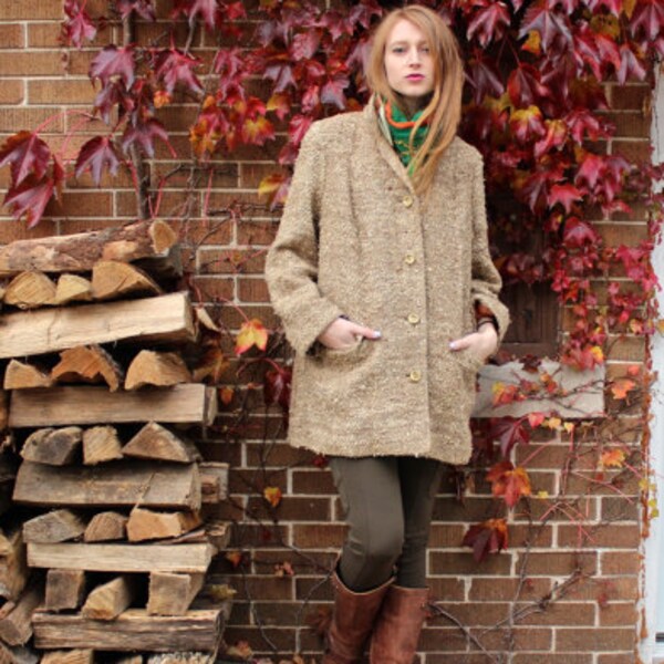 Vintage Hand Woven Spun SPORT COAT Ed Behan's Tweed Shop Saori style weaved Women Large Beige BLAZER Boho Modern marbleized button up Jacket