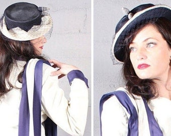 50s Straw Boat Hat "Noreen" Vintage Veiled FASCINATOR Modern Woman's Classic Cream White Two-Toned Navy Blue Ladies Spring Summer Fling Hats