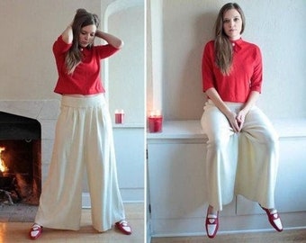 80s White Knit Pants "At Ease Sport" Vintage SweatPants PALZZO BOTTOMS Wide Leg Slacks Modern Woman Pant Medium Fit TROUSERS Mid Rise Sweats