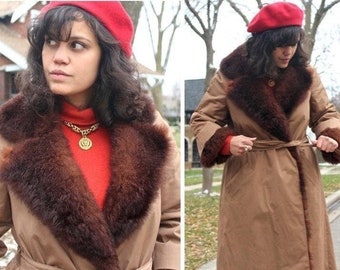 70s Trench Coat "Diane Von Furstenberg" Vintage Parka SHERPA SHEEP Real Fur Collar OVERCOAT Modern Woman Size Medium - Large Belt Wrap Coats