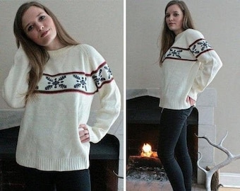 Vintage Boyfriend Sweater OVERSIZED Alpine Snowflake JUMPER Nordic Aztec Bow & Arrow Acrylic Knit PULLOVER Mod Man Woman Size Large Sweaters