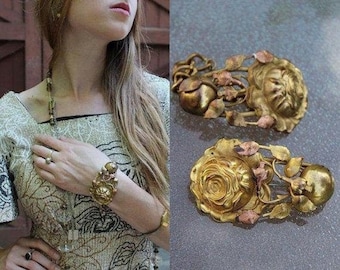 40s Vintage 2-PC Cuff Bracelet & Brooch NOUVEAU ROSE Brass - Gold Patina Etched Floral Bouquet Romantic Woman's Jewelry Gift Set Accessories