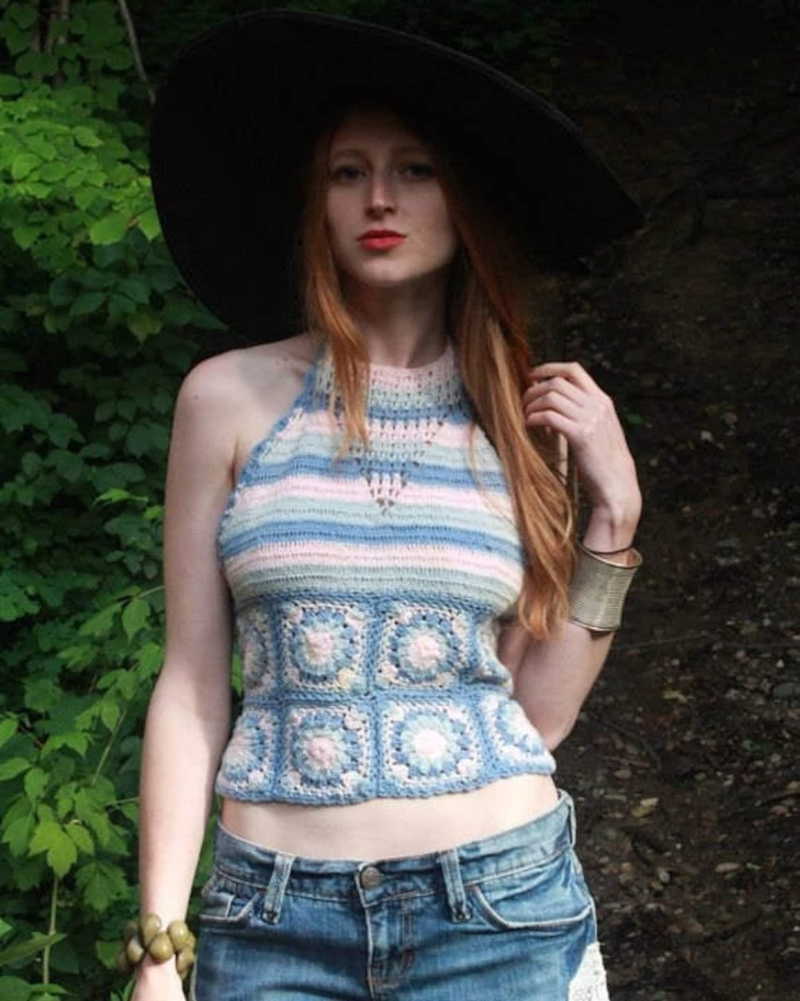 Vintage Halter Cropped Top 70s Boho Hippie FESTIVALS Pastel Etsy