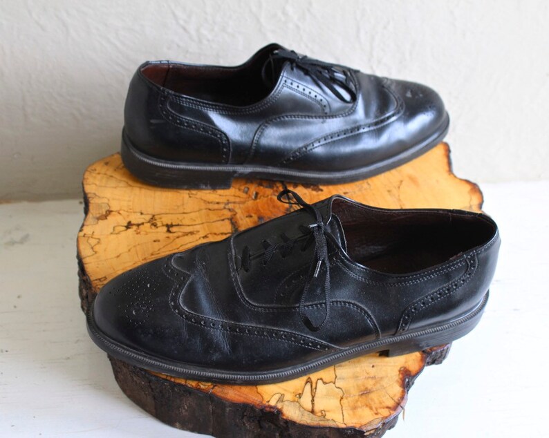 Stacy Adams WINGTIP OXFORDS Vintage Classic Black Dress SHOES Mid Century Cut Out Leather Lace Up Oxford WingTips Modern Mens Shoe Size 12 M
