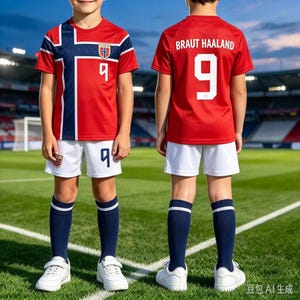 May include: A red soccer jersey with a blue and white Norwegian flag cross pattern, the number 9, and a crest on the chest. Paired with white shorts featuring the number 9, navy blue knee-high socks, and white sneakers. The back displays BRAUT HAALAND 9.