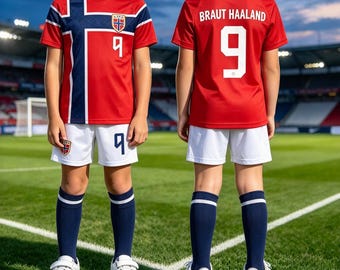 May include: A red soccer jersey with a blue and white Norwegian flag cross pattern, the number 9, and a crest on the chest. Paired with white shorts featuring the number 9, navy blue knee-high socks, and white sneakers. The back displays BRAUT HAALAND 9.