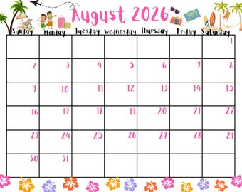 August 2026 Vacation/Travel/Fun In the Sun /Printable Calendar/PDF Planner /Letter Size Calendar /Home-Office Organization/Instant Download