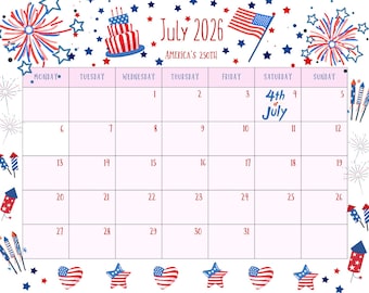 Patriotic July 2026 Printable Calendar Sunday OR Monday Start