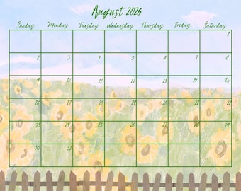 August Sunflowers 2026 Printable Calendar / Watercolor Planner / Instant Calendar Download / Field of Sunflowers Printable Calendar