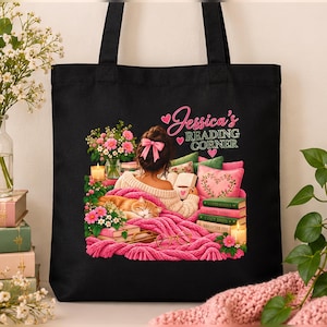 Personalized Book Lover Tote Bag, Custom Name Bookworm Gift, Floral Reading Bag, Bookish Library Tote, Gift for Readers