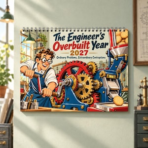 May include: A 2027 wall calendar titled The Engineer's Overbuilt Year, featuring an illustration of a person in a blue apron operating a complex red and blue machine with large yellow gears that produces round, textured cookies.