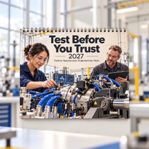 May include: A 2027 wall calendar titled Test Before You Trust Twelve Spectacular Engineering Tests, featuring a photograph of two engineers working with complex industrial machinery with blue hoses and metallic components in a factory setting.