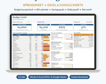 Monthly Budget Planner Spreadsheet | Paycheck Budget Template for Excel & Google Sheets, Bill Calendar, Debt Payoff, Savings Tracker
