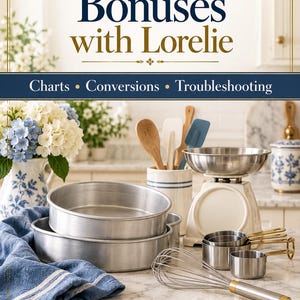 Może przedstawiać: Cyfrowy ebook zatytułowany Cake Baking Bonuses with Lorelie zawierający Charts, Conversions i Troubleshooting. Okładka przedstawia srebrne formy do ciasta, trzepaczkę, miarki, wagę kuchenną oraz niebieską ściereczkę na marmurze.