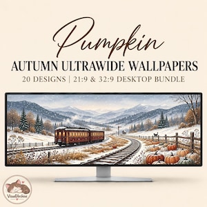 May include: A digital bundle of 20 Pumpkin Autumn Ultrawide Wallpapers for 21:9 and 32:9 desktop monitors. The image displays a train travelling through a snowy landscape with pumpkins in the foreground and mountains in the distance.