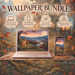 Op de afbeelding: Een digitaal wallpaper-pakket met een laptop en smartphone die een landschap tonen met een kat, een lantaarn en een volle maan. De tekst bevat WALLPAPER BUNDLE, 10 DESKTOP WALLPAPERS (16:9), 10 MOBILE WALLPAPERS (9:16), 4K HIGH RESOLUTION en INSTANT DIGITAL DOWNLOAD.