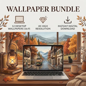 May include: A digital wallpaper bundle featuring 12 desktop wallpapers in 4K resolution. The image shows a laptop displaying a street scene with a tram, set against an autumn window view with a lantern, books, a coffee mug, and a cat.