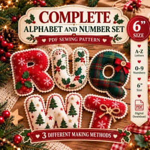 Puede incluir: Un patrón de costura PDF digital para un conjunto completo de alfabeto y números con letras y números de peluche de 15,24 cm. Los diseños de tela incluyen rojo con copos de nieve blancos, blanco con bayas de acebo y cuadros verdes.