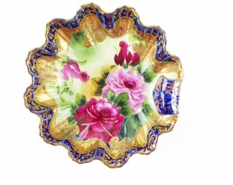 Red and Pink Roses - Hand-painted Porcelain Bowl - Clamshell Style - Curled Handle - Fragile Porcelain Pin Dish - Gold and Cobalt Blue Rim