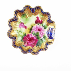Red and Pink Roses - Hand-painted Porcelain Bowl - Clamshell Style - Curled Handle - Fragile Porcelain Pin Dish - Gold and Cobalt Blue Rim