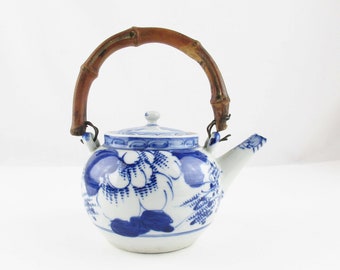 Vintage Paste Porcelain Teapot - Arched Bamboo Handle - Tea Filter and Loose Tea Caddy - Teapot - Add to Your Collection - 1800s - Japanese