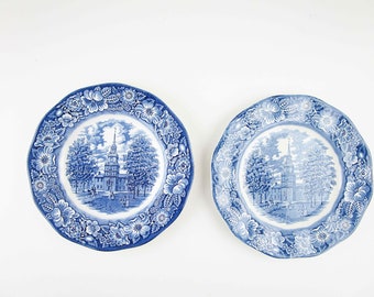 Two Staffordshire 'Liberty Blue' Ironstone Dinner Plates - Indigo Blue on White - Staffordshire Mark - Transferware - 2 - 10" Plates