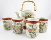 Vintage 39 Satsuma 39 Japan - Teapot and Four Cups - Japanese Tea Service - Yunomi Cups - Gold-detailed Peacocks