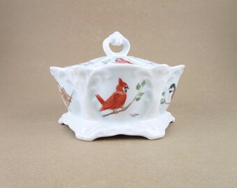 Inna Daye Porcelain Painter - Birds - Bowl With Matching Lid - Hand-painted White Bowl - Cardinal, Bluebird, Goldfinch, Wren, Chickadee