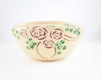 Roseville 'Velmoss' Scroll - 'Rose' Velmoss Bowl -  Rosecraft - Cream Background With Embossed Red Roses - Art Deco Designed Bowl