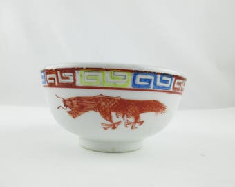 Rice Bowl - Japanese - Dragon and Phoenix - White Ironstone/Vitrified China Rice Bowl - Thick and Heavy - Greek Key Rim  - Dragon - Bird