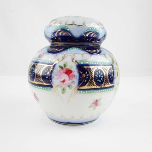 Cushion-top Porcelain Ginger Jar - Chrysanthemums, Roses, Beading - Cobalt and Teal Blue - Porcelain - Vintage Lidded Jar - Vignettes