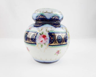 Cushion-top Porcelain Ginger Jar - Chrysanthemums, Roses, Beading - Cobalt and Teal Blue - Porcelain - Vintage Lidded Jar - Vignettes