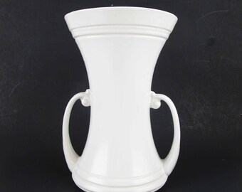 Vintage 'Abingdon 116' Vase - Milk White Color - Great Deco Styled Drop Handles - Wide Mouth - Abingdon Collection - Lines Top and Bottom