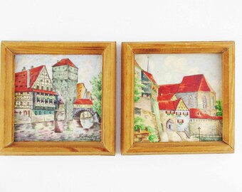 Ceramic Tiles - Two Hand-painted 'Alka Kunst, Bavaria' Square Tiles - Scenes From Nuremberg and Kronach Bavaria - Framed - Backsplash